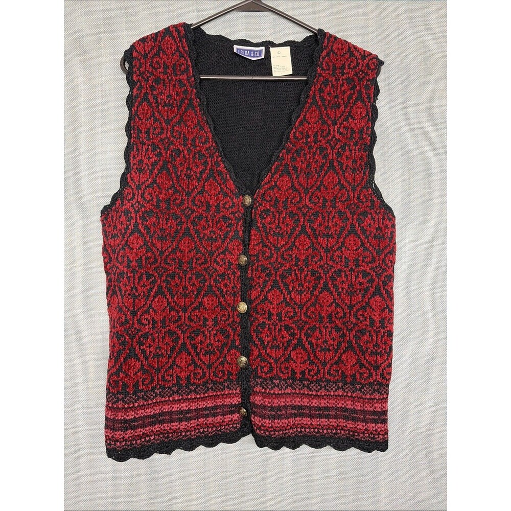 Vintage Chenille Sweater Vest Erika & Co Sz L Reds Plums Black Crocheted Trim